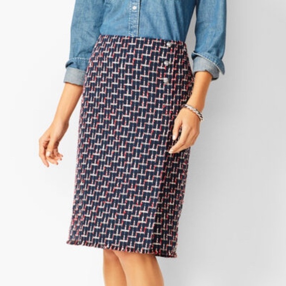Talbots Womens Boucle Wrap Skirt Knee Length Navy Red White Size 16 New - Picture 1 of 14